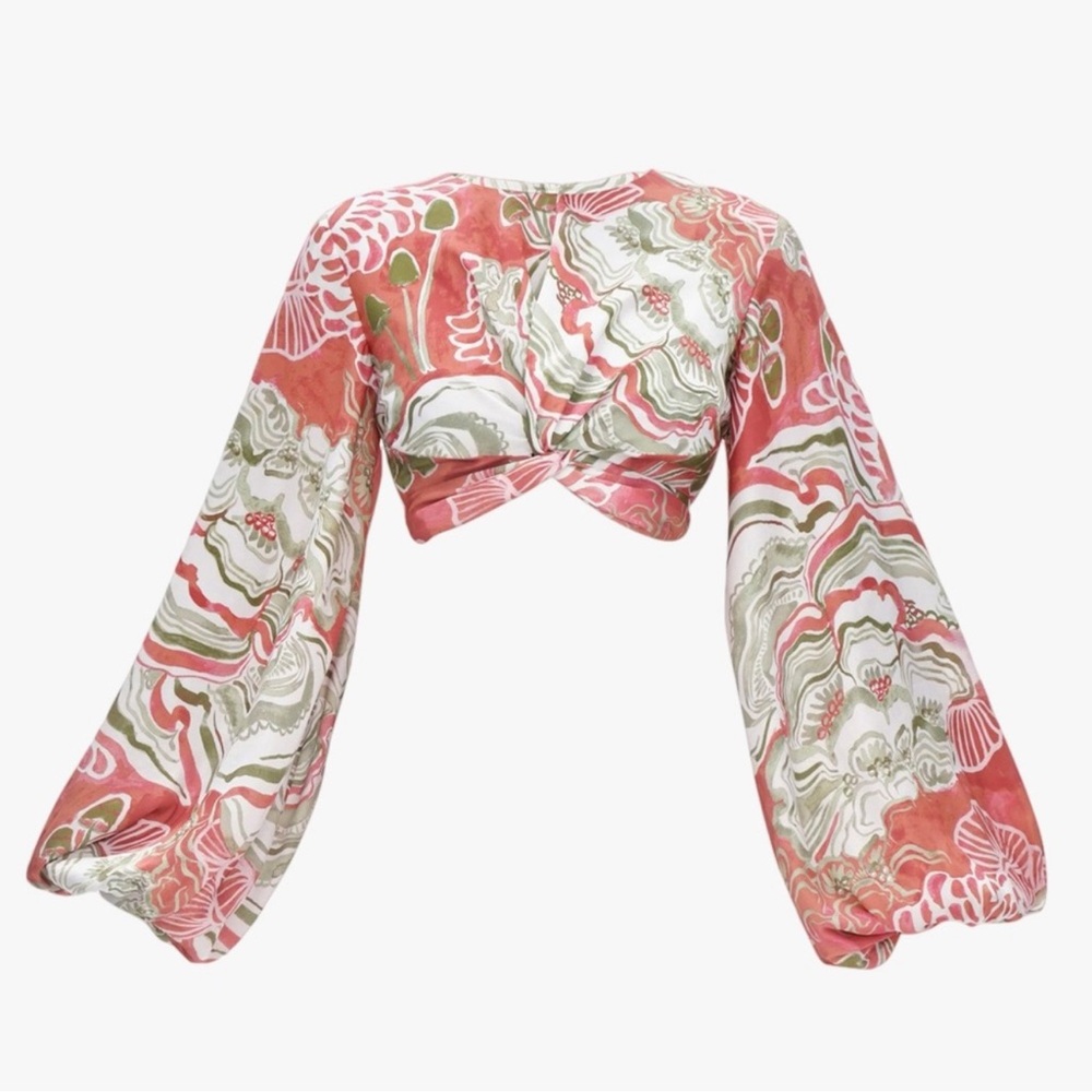 Andrea Iyamah Pink Bishop Sleeve Crop Blouse